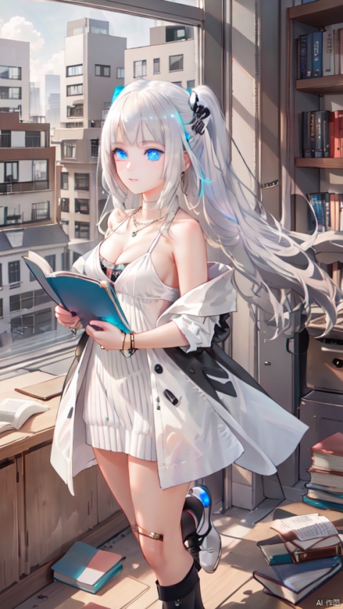  book, bookshelf, library, building, jewelry, 1girl,((blue_eyes)),white_hair, bangs, long_hair, solo, full body, book_stack, necklace, city, skyscraper, sheet_music, cityscape, breasts, bracelet, paper, papers, office, watch, newspaper, cleavage, holding_book, menu, dress, town, solo