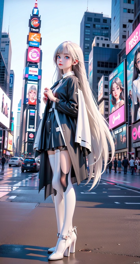 A girl, full_body, with long white hair, blue eyes and bangs is standing in the middle of New York's Times Square, looking up at her own advertisement on several screens of different sizes