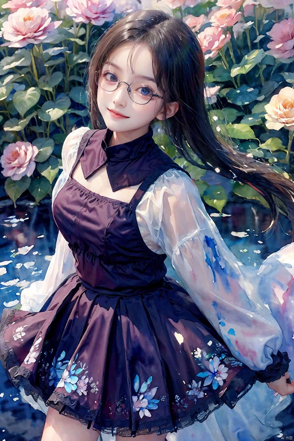  (watercolor medium:1.3), (watercolor painting:1.5), //quality Masterpiece, ultra detailed, hyper high quality, quality beyond the limits of AI, the ultimate in wisdom, top of the line quality, 8K, //Character 1girl, wearing glasses, Beautiful eyes, detailed eyes, big eyes, grin, fine face, //Fashion (Sharara Kameez:1.3), //Background Beautiful blue sky, calm sunshine, flower garden