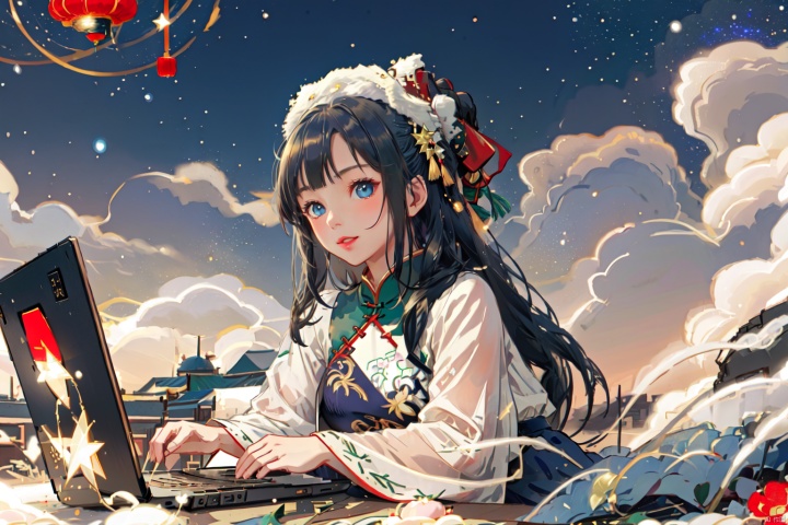 1 girl sitting at computer desk, white_long_hair,blue_eyes,white_hair,bangs,looking at laptop,detailed laptop,wearing gorgeous Chinese red clothes, long sleeves,long silk clothes,gorgeous decoration,in Chinese courtyard,beautiful auspicious clouds,a lot of fog,(galaxy:1.1),(created infinite:1.1),extremely detailed,dramatic,intricate,elegant,cinematic,light,dynamic composition,surreal,christmas style,, ((best quality)), amazing quality, very aesthetic, absurdres, chinese style