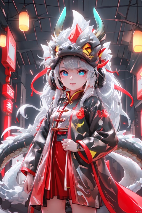 ((Masterpiece, best quality))1 girl, solo, Red dress, ((long white hair)), blue eyes, long hair, Chinese festival, festive atmosphere, indoor, Cyberpunk style, laser and neon interaction, cool color scheme, photoelectric style, Glitter, Chinese dragon, dragonhead