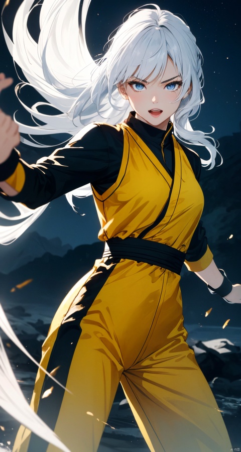  (best quality,ultra-detailed,photorealistic,masterpiece:1.2),dynamic young girl standing alone outdoors at night in a fighting stance,intricate blue eyes,flowing white hair,confident smile with slightly open mouth,yellow and black jumpsuit in a Bruce Lee style,vivid sense of vitality,poised for action,energetic ambiance,highly detailed white hair texture,captivating confident gaze,night sky with subtle stars,highlighted edges from the moonlight,outfit detail with the iconic Bruce Lee design,yellow clother,striking stance reminiscent of classic martial arts films,impression of strength and readiness,body language conveying bravery,vibrant contrast of the jumpsuit against the dark background,(4k),(dynamic lighting),(vivid colors:1.3),(sense of motion),(fighting spirit:1.2), masterpiece