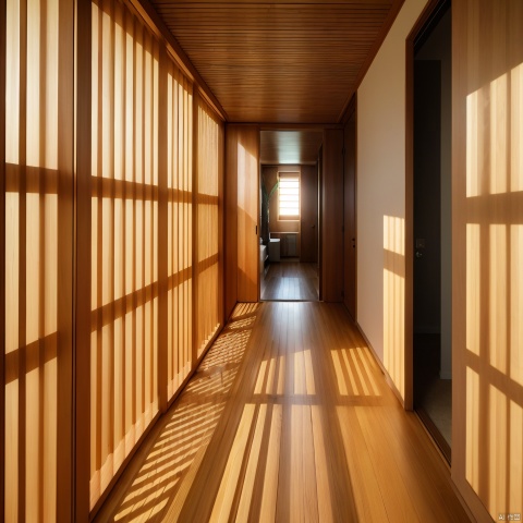 A hallway with wood slats and walls, illuminated by the sun through a wooden screen, creating patterns of light on the floor and wall. The room is modern in style, with an indoor plant as decor. It has warm tones and is bathed in natural sunlight, highlighting intricate details like textures and shadows.