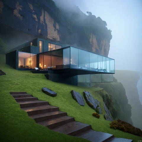 Rainy day, cliffside B&B design, hotel building, large glass composition, blended with cliff, rain, mist, volumetric light, photography, 8K, very realistic