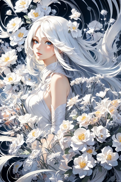  ,Official art, 8k wallpaper, super detailed, ,beautiful and beautiful, masterpiece, best quality, (fractal art: 1.3), lines, illustration, 1 girl head,  ((long white hair)), blue eyes, white background, very detailed, bright colors, romanticism, mtianmei