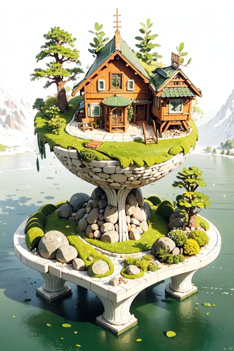 (best quality), (4k resolution), creative illustration of a miniature world on a white pedestal. The world is a green sphere with various natural and artificial elements. There is a river, trees, mountains, and a small house on the sphere. The image has a minimalist style with a light color palette that creates a contrast with the white background, shouzhang_style