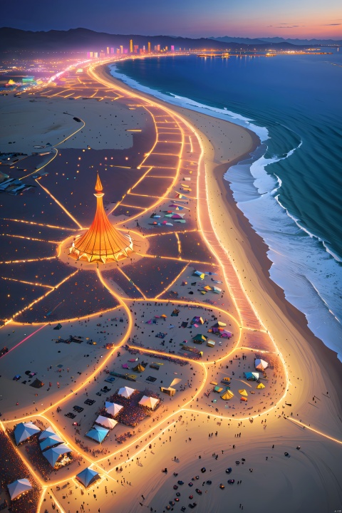 Aerial view of the seaside Burning Man festival reveals a beach strewn with playful sand sculptures and tents in a riot of colors. Looking down from a 45-degree angle, the scene is vast and vibrant. Crowds celebrate around the sculptures, their faces bathed in the warm light of bonfires, while paths between tents twist and turn, and waves kiss the shoreline. The integration of modern lighting and sound technology perfectly complements the atmosphere of a festival that celebrates freedom, creativity, and innovation.