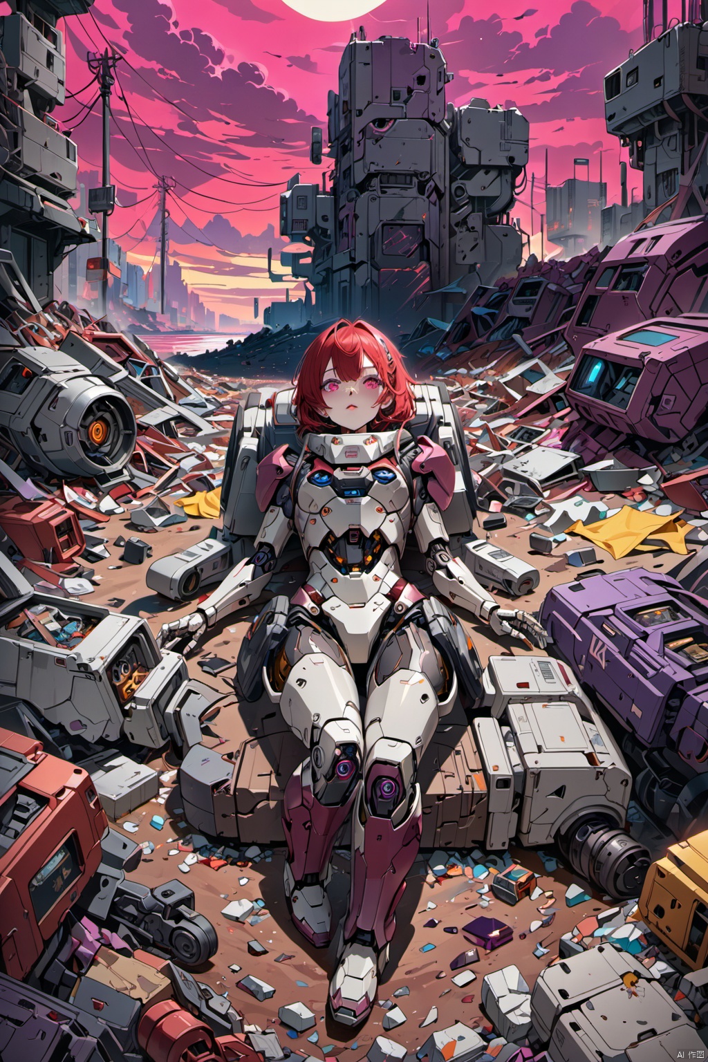 upper half of a broken semi-mechanical girl lying in landfill, (best quality, 4k, 8k, highres, masterpiece:1.2), ultra-detailed, , beautiful detailed eyes, beautiful detailed lips, extremely detailed eyes and face, (longeyelashes), short and flowing red hair, red-eyed robot, shattered body full of fear and holes, half-android face, (laying on ground in calmness:1.3), hyperpunk scene with unsaturated deep reds and purples, vibrant and vivid colors, (vacation, high resolution:1.5), (zoom-in, ultra-fine painting, 2D anime:1.2), art by Yukito Kishiro, Lida, robotic decay, dystopian atmosphere, saturated, sci-fi trash, glowing mechanical eye, harsh shadows, dark clouds above