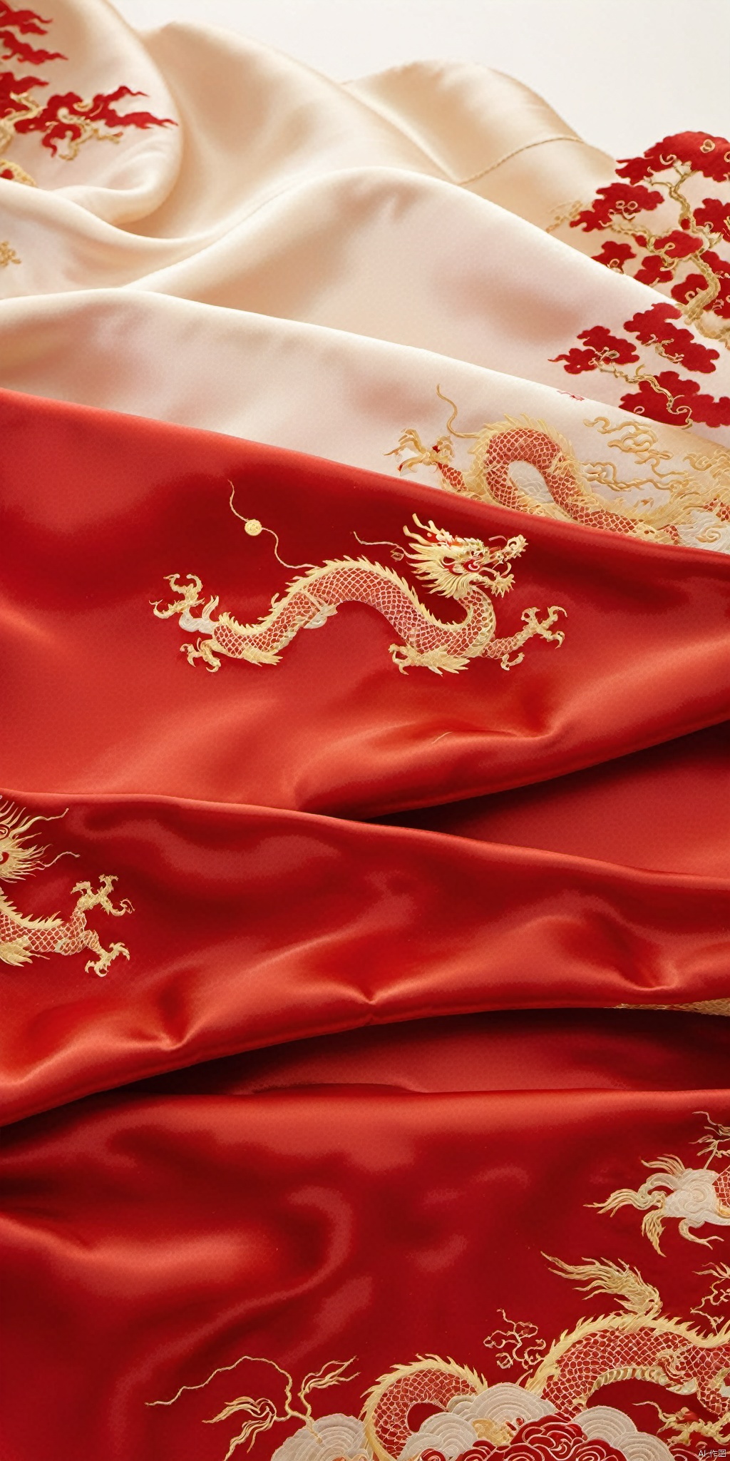  Best quality, masterpiece, The undulating satin brocade has a Chinese dragon pattern on it. Fine silk patterns, needle and thread,The undulating satin brocade extends to the horizon. A group of people riding horses on it. Silk refracts light, silk light sense, looking up perspective, miniature landscape, flow, large area white, ray tracing, close-up, silk refracted light, silk light sense, miniature landscape, three-dimensional sense , red tone,﻿Dragon pattern,, hhongj