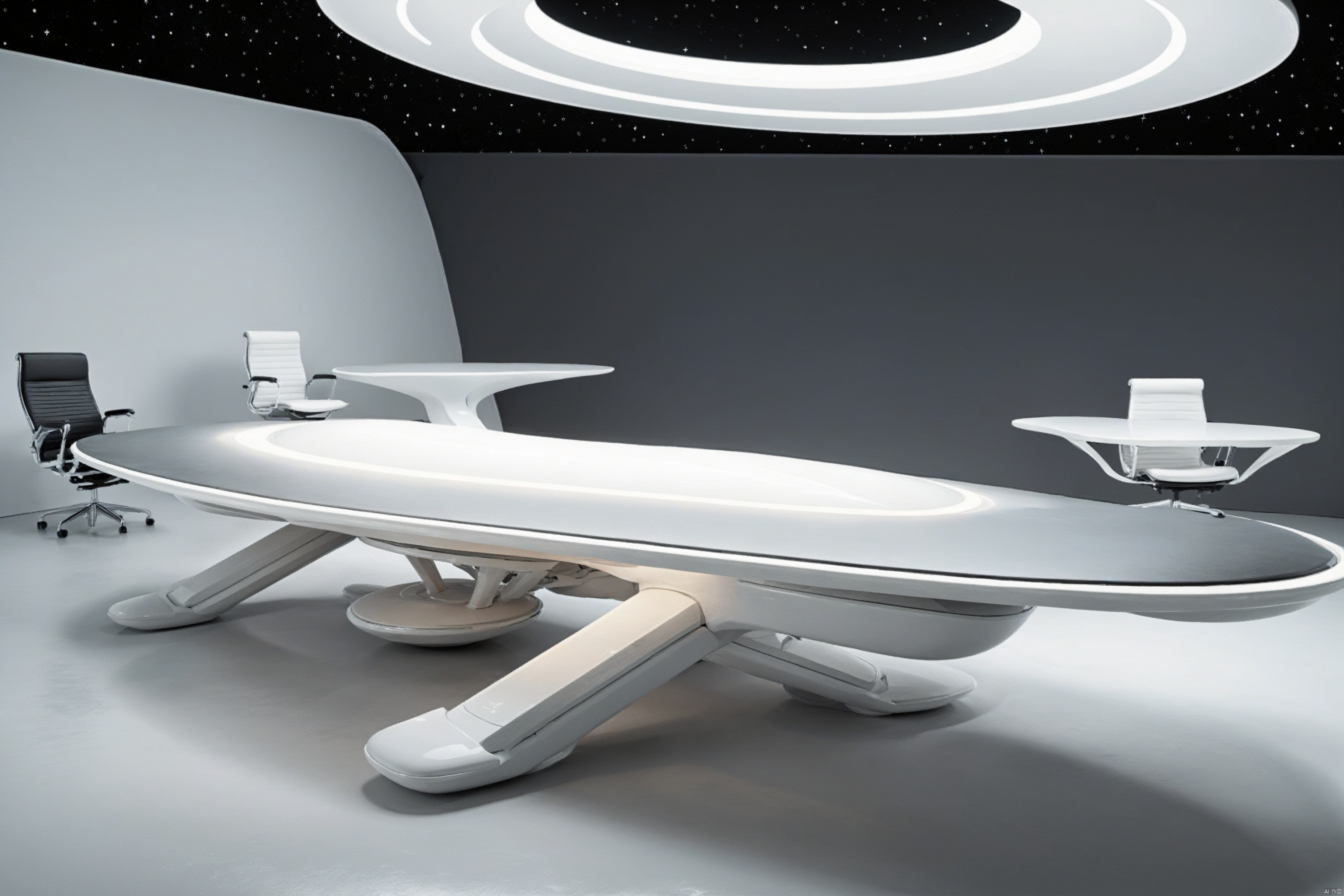 bestquality,Shooting a large conference table in a large photography studio, with an introduction to the shadowless wall background, white line lighting, soft lighting, and office chairs, white table, white chair,Minimalism, futuristic, fashionable, soft grayscale gradient,Avant-garde chair design, irregular shape,Futurism, science fiction,Anti gravity, floating countertop, floating tabletop, floating steps, line lights, Atmosphere lights,Starry Sky Summit,The relief forest background, xiandai, Architecture, beach,Rotating stairs,, (Alien spacecraft 1.9), zsyixing, beach