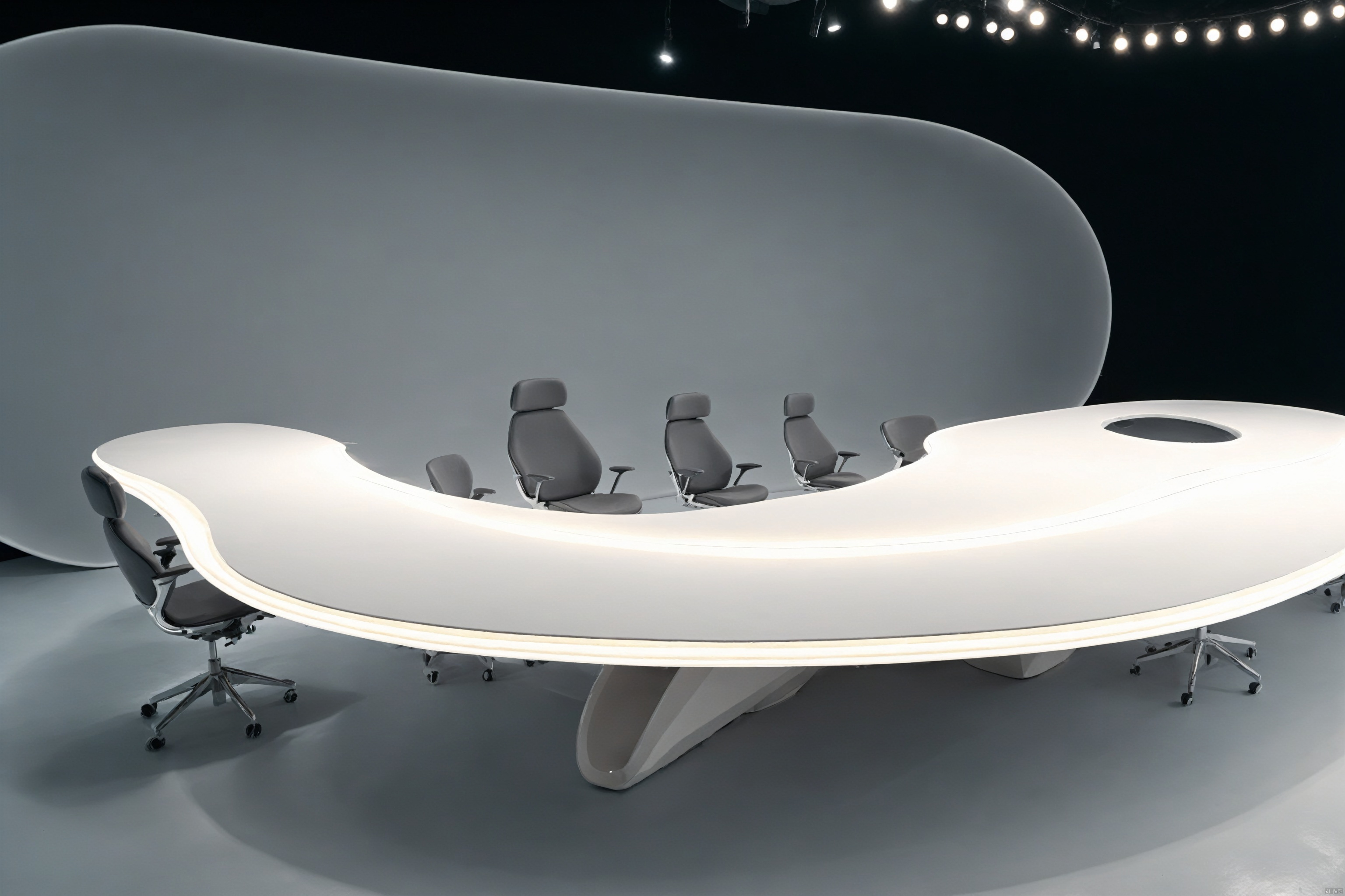 bestquality,Shooting a large conference table in a large photography studio, with an introduction to the shadowless wall background, white line lighting, soft lighting, and office chairs, white table, white chair,Minimalism, futuristic, fashionable, soft grayscale gradient,Avant-garde chair design, irregular shape,Futurism, science fiction,Anti gravity, floating countertop, floating tabletop, floating steps, line lights, Atmosphere lights,Starry Sky Summit,The relief forest background, xiandai, Architecture, beach,Rotating stairs,