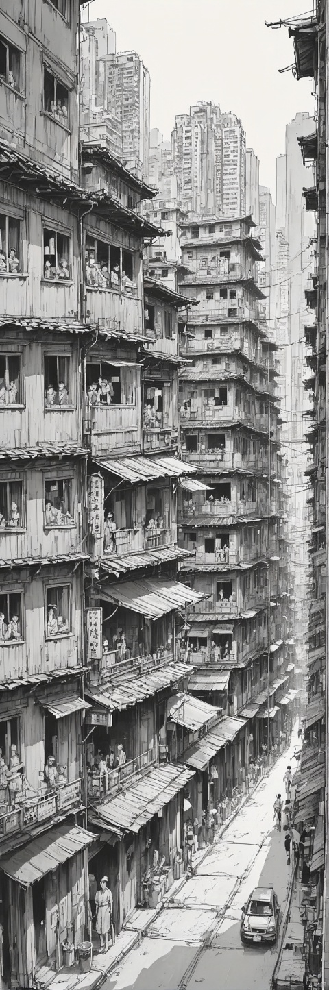  daytime, Kowloon Walled City, outdoors, building, cityscape, Hong Kong neon lights, Having a close and distant view, Dense Apartments, bustling street scene, Original, ananmo, black and white, greyscale, sketch, minimalism, pencil drawing, clear lines, A minimalist design,Fantasy, (elaborate style), fantasy art, high detail, masterpiece, high detail, super detail, depth of field, masterpiece, best quality, keai, wmchahua