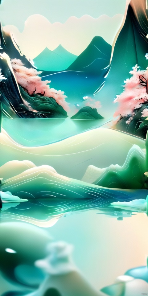 Best picture quality, masterpiece, Simple and modern landscape, Chinese style, （smooth lines:1.5）, soft gradient colors, mountains, lakes , scenery,  jade,Contour lines, soft low polygon style, Gradient background, feicuixl,The color below is dark, and the color above is light, HUBG_Chinese_Jade,Transparent glass texture, vector illustration