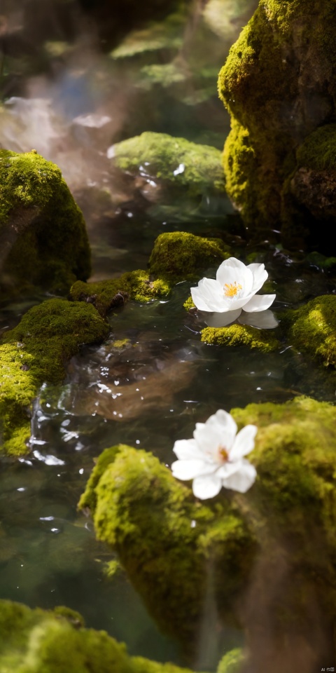 Best picture quality, masterpiece, realistic photo, with clear focus, a white flower on the green water surface, petals, moss, tea cup, taixian 