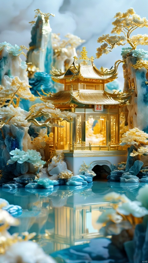  best quality,Scenery, Jade, Altar,sapphire,mountains, Chinese architecture, pavilions, trees, pagodas, golden outline,C4D,8K, high detailed,