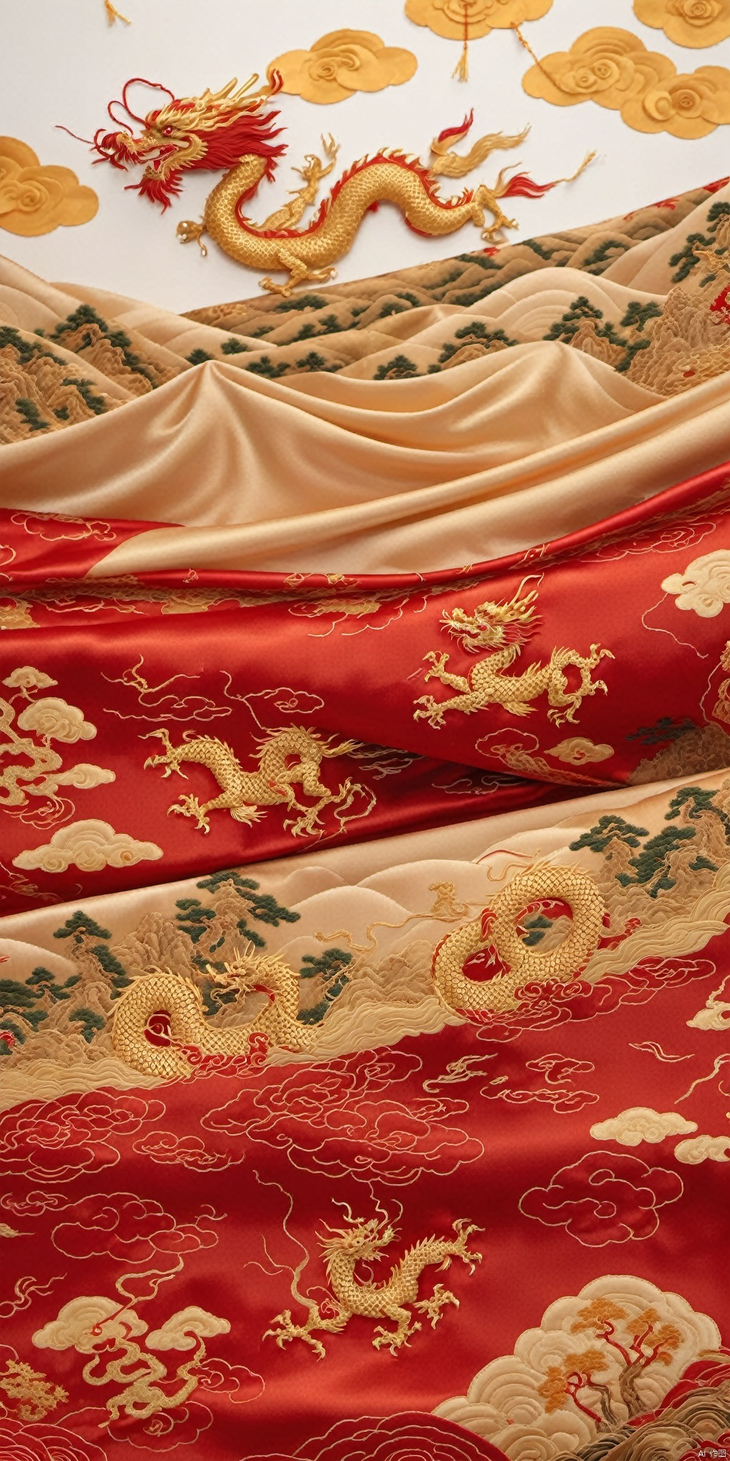  Best quality, masterpiece, The undulating satin brocade has a Chinese dragon pattern on it. Fine silk patterns, needle and thread,The undulating satin brocade extends to the horizon. A group of people riding horses on it. Silk refracts light, silk light sense, looking up perspective, miniature landscape, flow, large area white, ray tracing, close-up, silk refracted light, silk light sense, miniature landscape, three-dimensional sense , red tone,﻿Dragon pattern,, hhongj