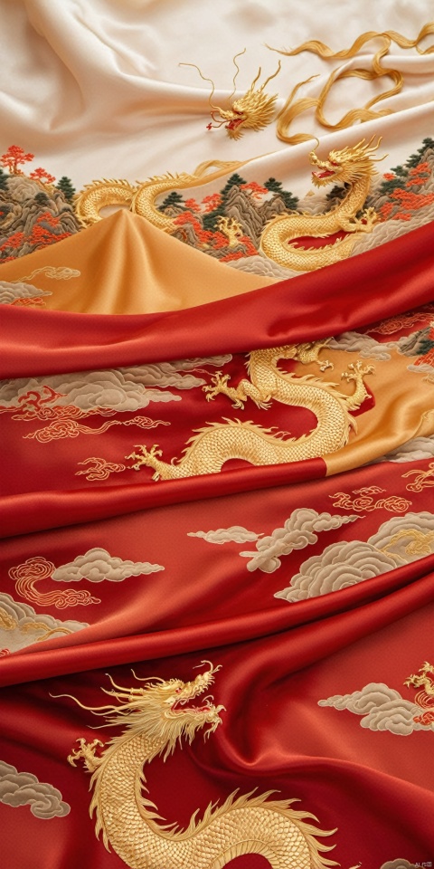  Best quality, masterpiece, The undulating satin brocade has a Chinese dragon pattern on it. Fine silk patterns, needle and thread,The undulating satin brocade extends to the horizon. A group of people riding horses on it. Silk refracts light, silk light sense, looking up perspective, miniature landscape, flow, large area white, ray tracing, close-up, silk refracted light, silk light sense, miniature landscape, three-dimensional sense , red tone,﻿Dragon pattern,, hhongj