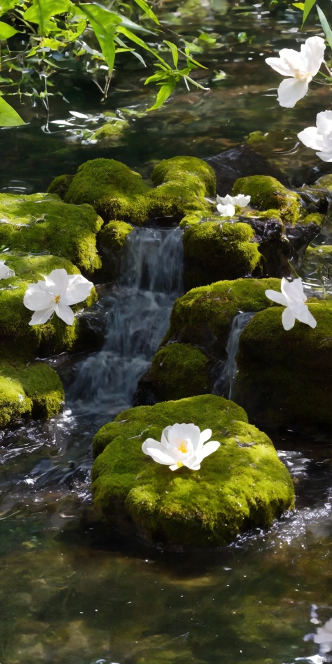 Best picture quality, masterpiece, realistic photo, with clear focus, a white flower on the green water surface, petals, moss, tea cup, taixian 