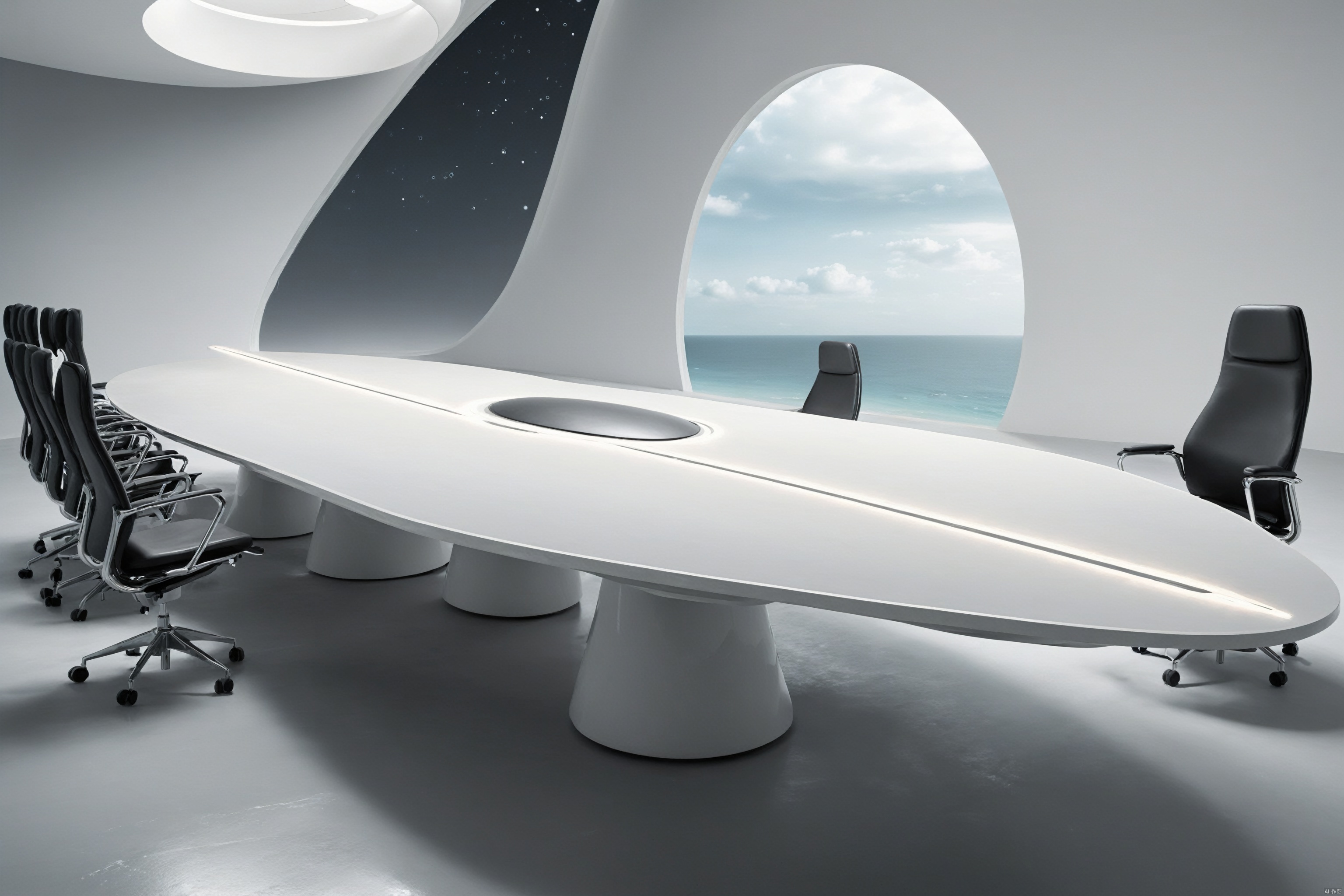bestquality,Shooting a large conference table in a large photography studio, with an introduction to the shadowless wall background, white line lighting, soft lighting, and office chairs, white table, white chair,Minimalism, futuristic, fashionable, soft grayscale gradient,Avant-garde chair design, irregular shape,Futurism, science fiction,Anti gravity, floating countertop, floating tabletop, floating steps, line lights, Atmosphere lights,Starry Sky Summit,The relief forest background, xiandai, Architecture, beach,Rotating stairs,, (Alien spacecraft 1.9), zsyixing, beach