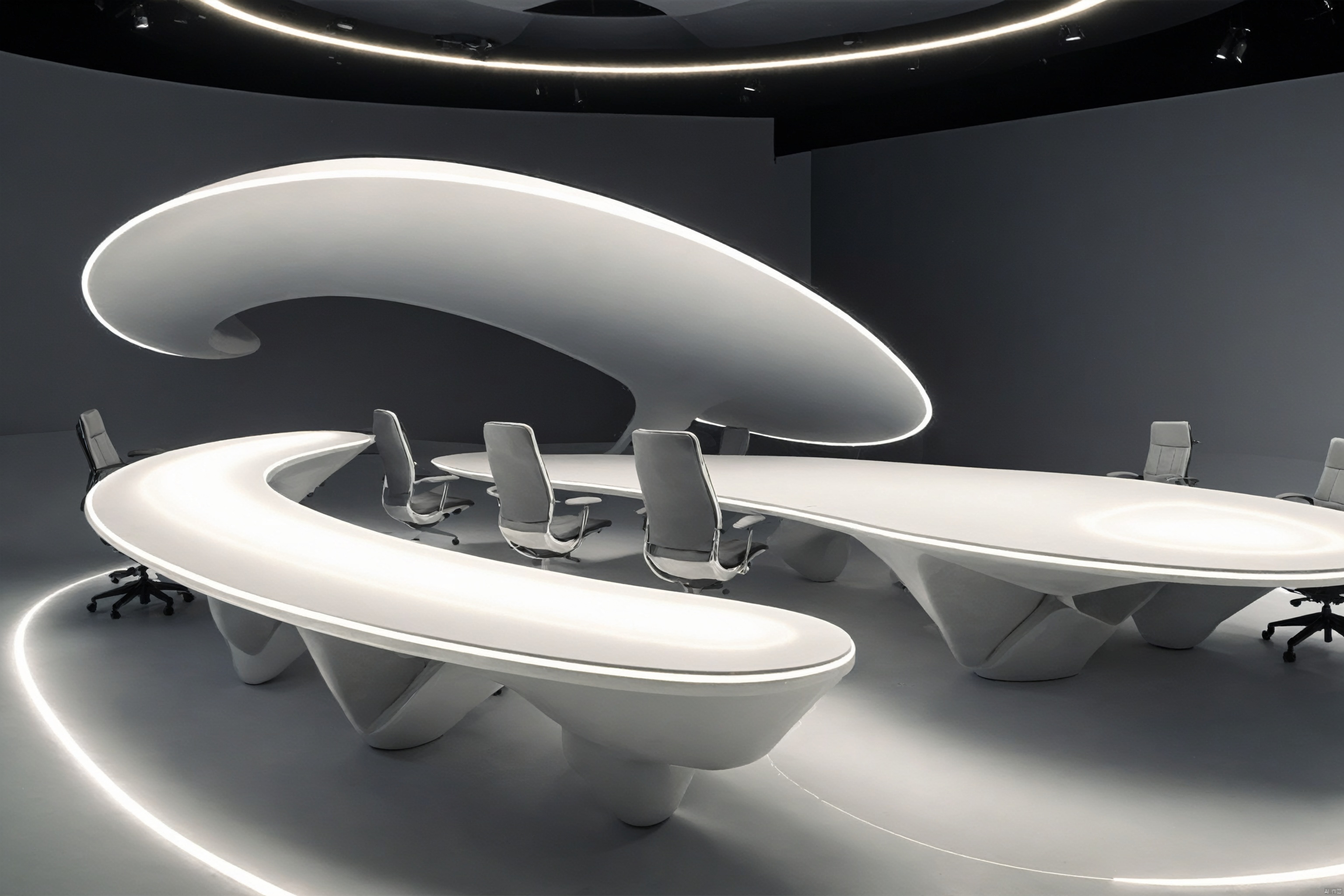 bestquality,Shooting a large conference table in a large photography studio, with an introduction to the shadowless wall background, white line lighting, soft lighting, and office chairs, white table, white chair,Minimalism, futuristic, fashionable, soft grayscale gradient,Avant-garde chair design, irregular shape,Futurism, science fiction,Anti gravity, floating countertop, floating tabletop, floating steps, line lights, Atmosphere lights,Starry Sky Summit,The relief forest background, xiandai, Architecture, beach,Rotating stairs,
