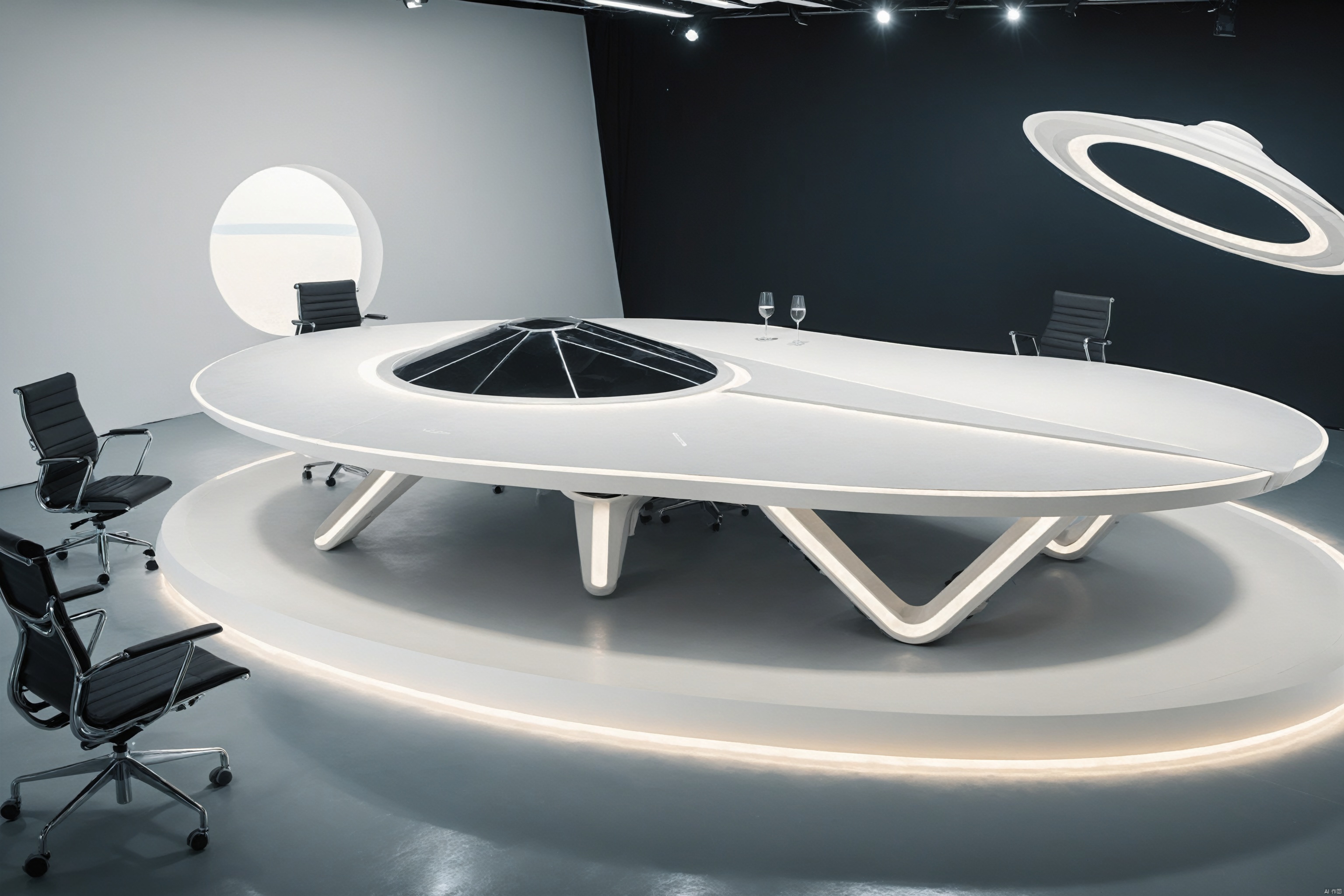 bestquality,Shooting a large conference table in a large photography studio, with an introduction to the shadowless wall background, white line lighting, soft lighting, and office chairs, white table, white chair,Minimalism, futuristic, fashionable, soft grayscale gradient,Avant-garde chair design, irregular shape,Futurism, science fiction,Anti gravity, floating countertop, floating tabletop, floating steps, line lights, Atmosphere lights,Starry Sky Summit,The relief forest background, xiandai, Architecture, beach,Rotating stairs,, (Alien spacecraft 1.9), zsyixing, beach