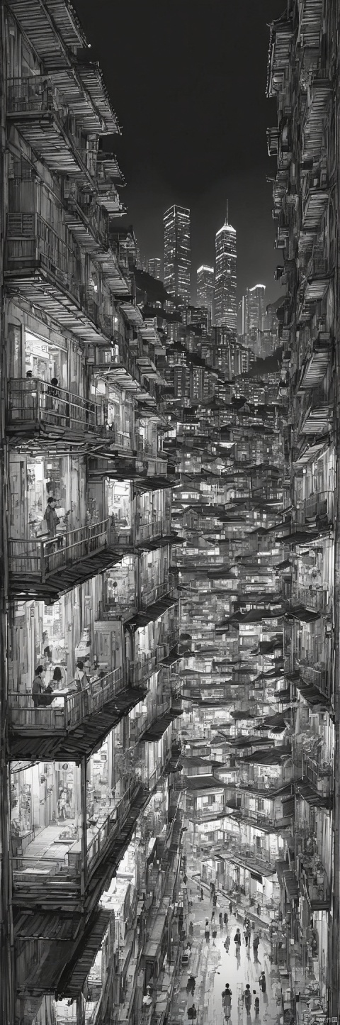  daytime, Kowloon Walled City, outdoors, building, cityscape, Hong Kong neon lights, Having a close and distant view, Dense Apartments, bustling street scene, Original, ananmo, black and white, greyscale, sketch, minimalism, pencil drawing, clear lines, A minimalist design,Fantasy, (elaborate style), fantasy art, high detail, masterpiece, high detail, super detail, depth of field, masterpiece, best quality, keai, wmchahua