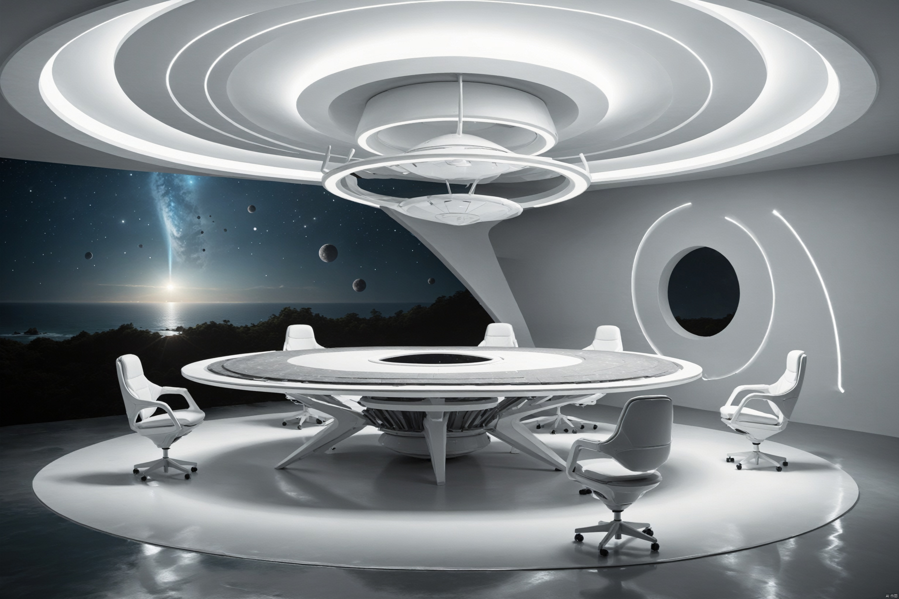 bestquality,Shooting a large conference table in a large photography studio, with an introduction to the shadowless wall background, white line lighting, soft lighting, and office chairs, white table, white chair,Minimalism, futuristic, fashionable, soft grayscale gradient,Avant-garde chair design, irregular shape,Futurism, science fiction,Anti gravity, floating countertop, floating tabletop, floating steps, line lights, Atmosphere lights,Starry Sky Summit,The relief forest background, xiandai, Architecture, beach,Rotating stairs,, (Alien spacecraft 1.9), zsyixing, beach