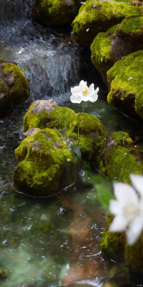 Best picture quality, masterpiece, realistic photo, with clear focus, a white flower on the green water surface, petals, moss, tea cup, taixian 