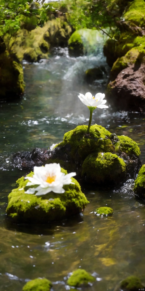 Best picture quality, masterpiece, realistic photo, with clear focus, a white flower on the green water surface, petals, moss, tea cup, taixian , scenery