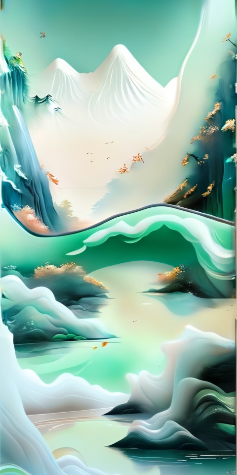 Best picture quality, masterpiece, Simple and modern landscape, Chinese style, （smooth lines:1.5）, soft gradient colors, mountains, lakes , scenery,  jade,Contour lines, soft low polygon style, Gradient background, feicuixl,The color below is dark, and the color above is light, HUBG_Chinese_Jade,Transparent glass texture, vector illustration