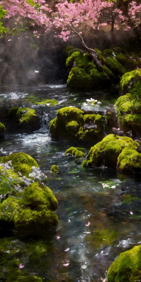 Best picture quality, masterpiece, realistic photo, with clear focus, a white flower on the green water surface, petals, moss, tea cup, taixian , scenery