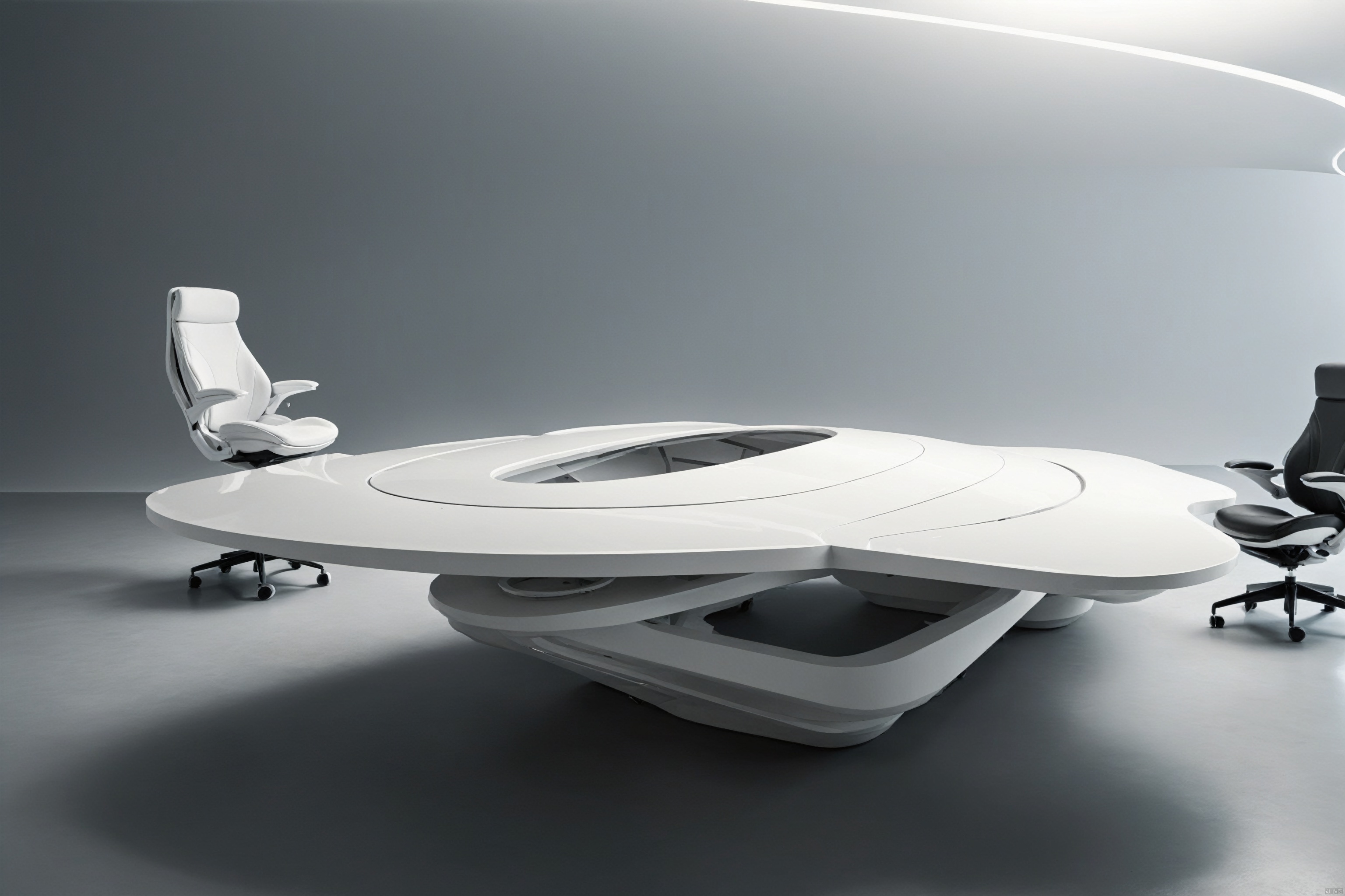 bestquality,Shooting a large conference table in a large photography studio, with an introduction to the shadowless wall background, white line lighting, soft lighting, and office chairs, white table, white chair,Minimalism, futuristic, fashionable, soft grayscale gradient,Avant-garde chair design, irregular shape,Futurism, science fiction,Anti gravity, floating countertop, floating tabletop, floating steps, line lights, Atmosphere lights,Starry Sky Summit,The relief forest background, xiandai, Architecture, beach,Rotating stairs,, (Alien spacecraft 1.9), zsyixing, beach