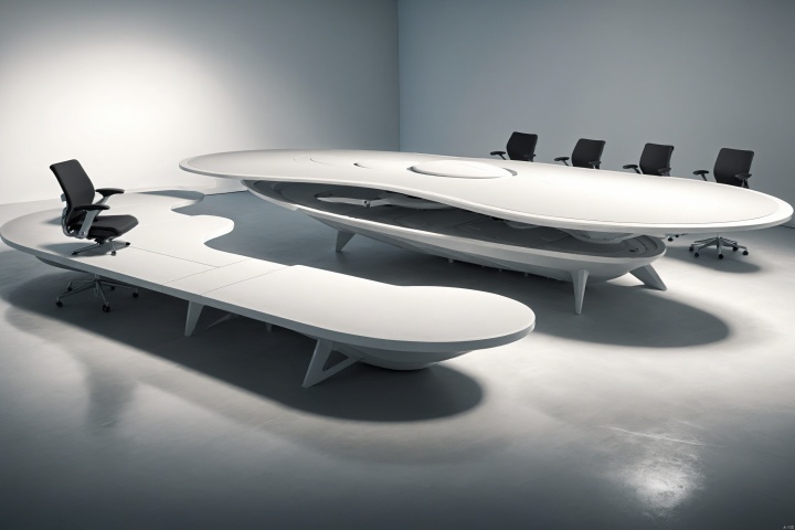 bestquality,Shooting a large conference table in a large photography studio, with an introduction to the shadowless wall background, white line lighting, soft lighting, and office chairs, white table, white chair,Minimalism, futuristic, fashionable, soft grayscale gradient,Avant-garde chair design, irregular shape,Futurism, science fiction,Anti gravity, floating countertop, floating tabletop, floating steps, line lights, Atmosphere lights,Starry Sky Summit,The relief forest background, xiandai, Architecture, beach,Rotating stairs,, (Alien spacecraft 1.9), zsyixing, beach