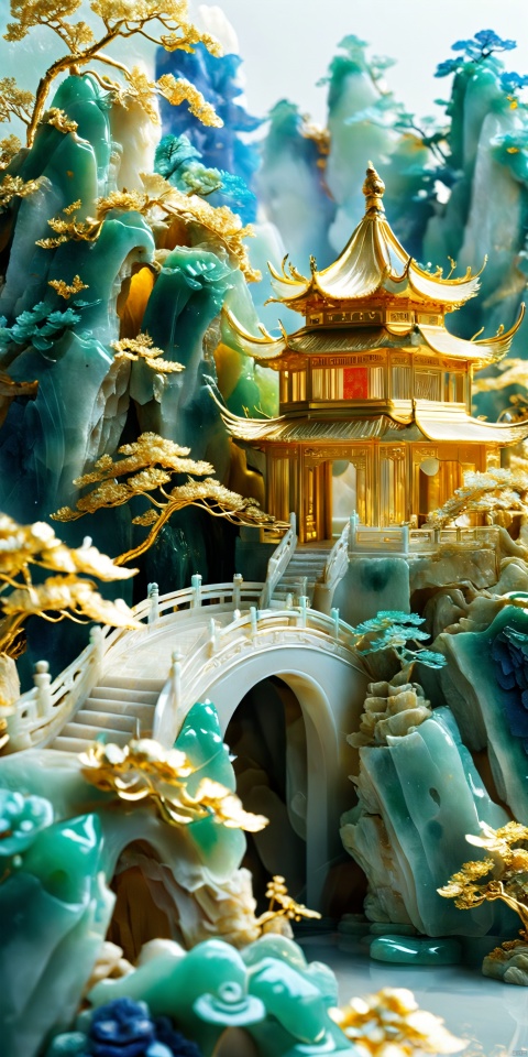 best quality,Scenery, Jade, sapphire,mountains, Chinese architecture, pavilions, trees, pagodas, golden outline,C4D,8K, high detailed, , feicuixl