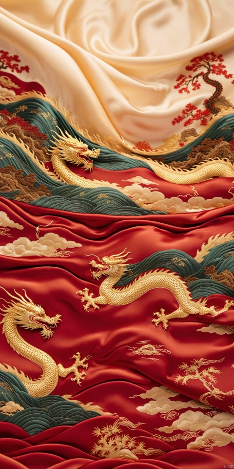  Best quality, masterpiece, The undulating satin brocade has a Chinese dragon pattern on it. Fine silk patterns, needle and thread,The undulating satin brocade extends to the horizon. A group of people riding horses on it. Silk refracts light, silk light sense, looking up perspective, miniature landscape, flow, large area white, ray tracing, close-up, silk refracted light, silk light sense, miniature landscape, three-dimensional sense , red tone,﻿Dragon pattern,, hhongj