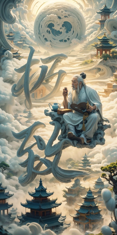  best quality,masterpiece,sculpture,wonderland,,chinese fairy tales,an old man,boiling tea,drink tea,a painting of history floating and curved in the background,mountain,white cloud,chinese style courtyard,pavilion,chinese tea mountains,, Chinese architecture, trees,,white hair ,