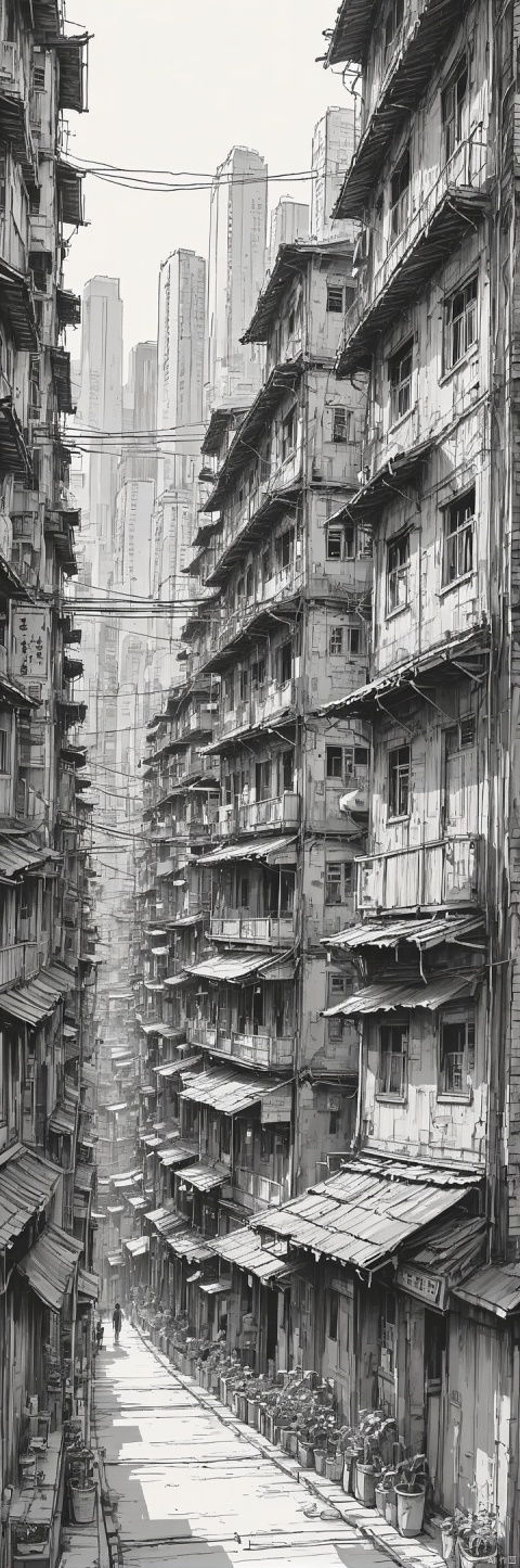  daytime, Kowloon Walled City, outdoors, building, cityscape, Hong Kong neon lights, Having a close and distant view, Dense Apartments, bustling street scene, Original, ananmo, black and white, greyscale, sketch, minimalism, pencil drawing, clear lines, A minimalist design,Fantasy, (elaborate style), fantasy art, high detail, masterpiece, high detail, super detail, depth of field, masterpiece, best quality, keai, wmchahua