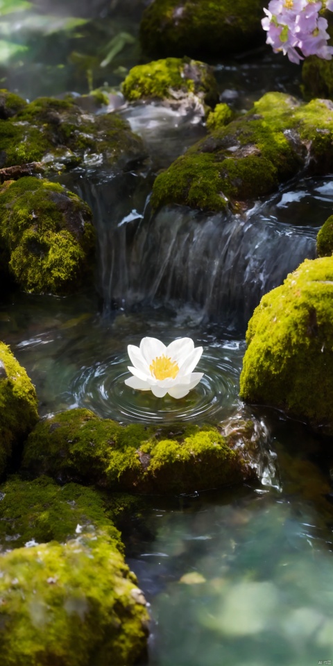 Best picture quality, masterpiece, realistic photo, with clear focus, a white flower on the green water surface, petals, moss, tea cup, taixian 