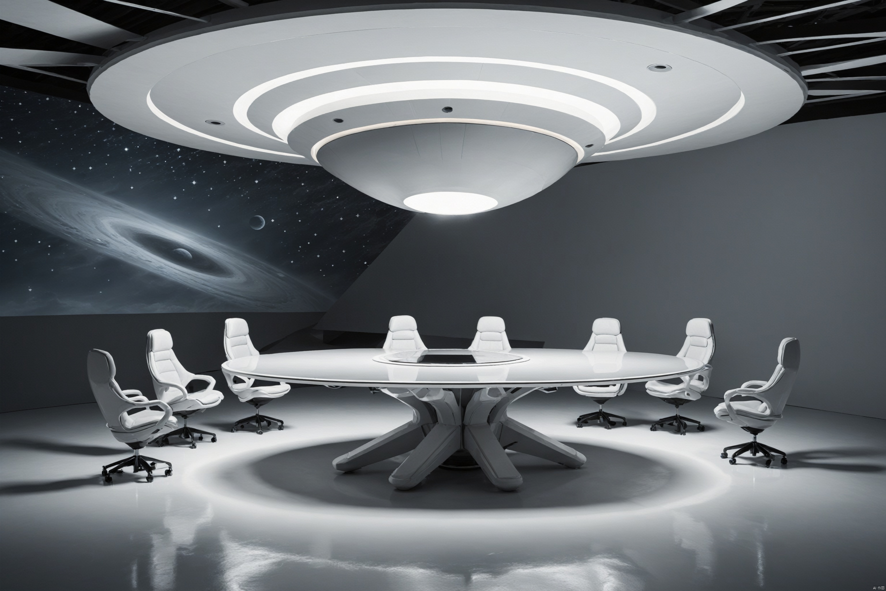 bestquality,Shooting a large conference table in a large photography studio, with an introduction to the shadowless wall background, white line lighting, soft lighting, and office chairs, white table, white chair,Minimalism, futuristic, fashionable, soft grayscale gradient,Avant-garde chair design, irregular shape,Futurism, science fiction,Anti gravity, floating countertop, floating tabletop, floating steps, line lights, Atmosphere lights,Starry Sky Summit,The relief forest background, xiandai, Architecture, beach,Rotating stairs,, (Alien spacecraft 1.9), zsyixing, beach
