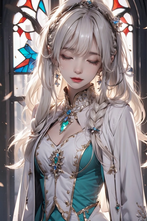  depth of field, dynamic angle, (beautiful delicate face:1.1), solo,
(1girl:1.3), (blonde hair), long hair, (messy hair), (green eyes:1.1), small breasts, swept bangs, glowing eyes, 
(white coat), long_sleeves, gloves, 
smile, (sleepy:1.3), upper body, 
stained glass, (backlighting:1.2), rim light, shadow,fantasy,light,cowboy_shot,lens_flare,dress,braided_hair,headwear,crystal