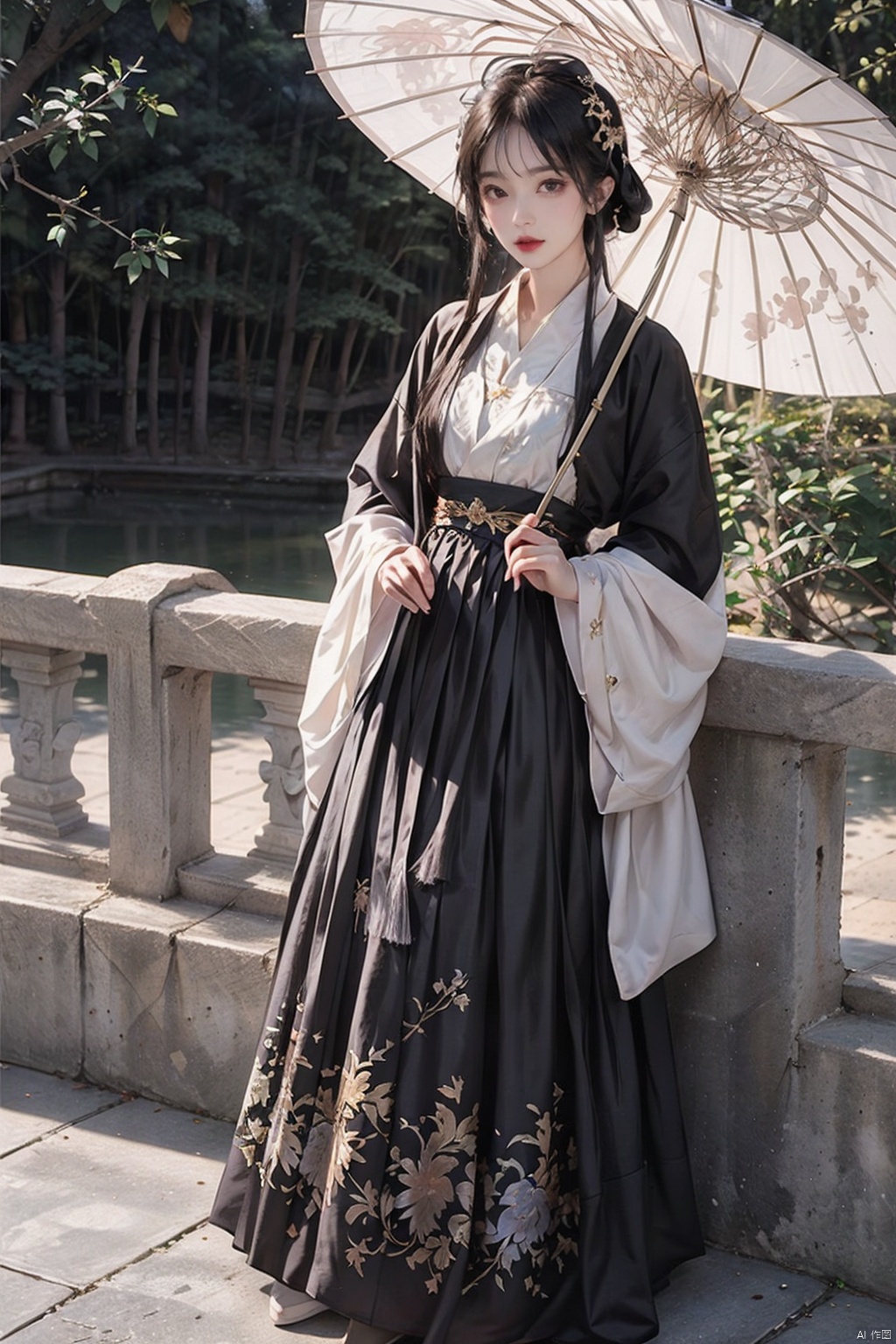  On the bridge, it was drizzling slightly. Two women, holding an umbrella, stood on the bridge. One was dressed in blue and the other in white, with simple and elegant hair accessories, exquisite facial features, and full of details. They gazed affectionately into the lake...
extremely detailed, dynamic angle, paper skin, radius, iuminosity, cowboyshot, the most beautiful form of Chaos, elegant, a brutalist designed, visual colors, romanticism, by James Jean, roby dwi antono, cross tran, francis bacon, Michael mraz, Adrian ghenie, Petra cortright, Gerhard richter, ,ghostdom,bj_Alice,Game icon body,Colorful portraits,science fiction,jianzhi,FUJI,cloud,architecture,nagi
(8k, best quality, masterpiece: 1.2), (realistic, realistic: 1.37), ultra detailed, best quality, ultra high resolution, professional lighting, photon mapping, radiosity, physics based rendering, movie lighting,
 photo realistic,best quality, masterpiece, photo realistic,highly detailed, fashion photography, full body shot,full body photo,
best quality, masterpiece, photo realistic,highly detailed, fashion photography, full body shot,full body photo,, purist, esoteric,occult, geometric,(gold/black theme:1.2),science fiction,triangle black hole,kawaiitech,nijistyle,pleated skirt,FUJI,pastel colors,bj_elegant,pink skirt,ghostdom,Fractal,crystaleyes,Chinese ink painting,1 girl,han style,16K