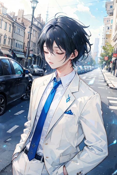  short hair, shirt, black hair, 1boy, jacket, closed eyes, white shirt, outdoors, necktie, solo focus, blurry, lips, blurry background, formal, suit, ground vehicle, motor vehicle, blue necktie, realistic, linkeasuo, 372089, 1 boy, soft light