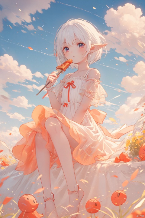 1girl, solo, short hair, dress, holding, sitting, white hair, food, barefoot, pointy ears, white dress, doll, joints, doll joints