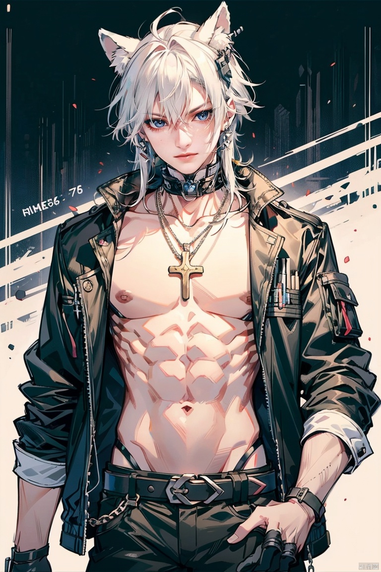  1boy, solo, long hair, ju 87, animal ears, jewelry, white hair, m16a1, belt, necklace, chain, h&k mp5, cross,k701, ar-15.,n.abdominal muscle, 1male, GameWeapon