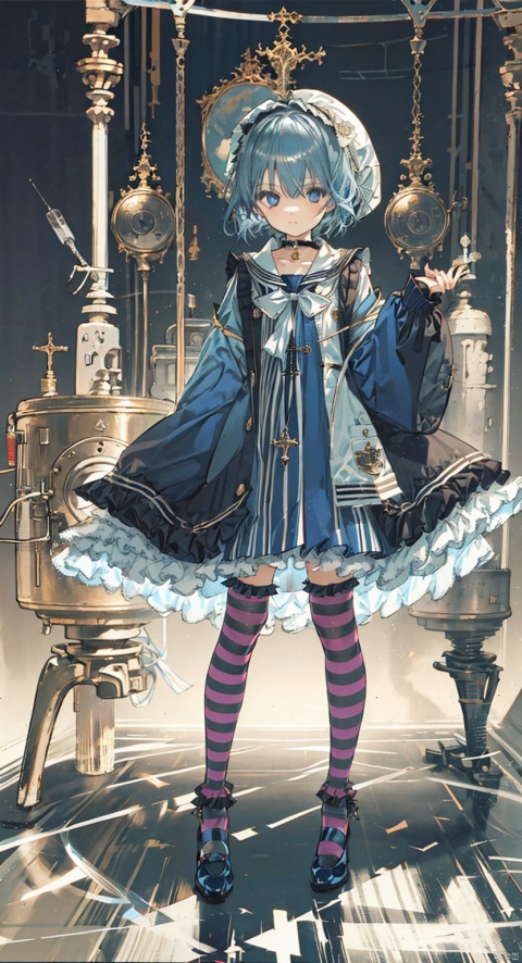1girl, solo, looking at viewer, short hair, bangs, blue eyes, thighhighs, long sleeves, dress, bow, holding, hair between eyes, closed mouth, blue hair, standing, full body, hair bow, heart, hairband, frills, choker, socks, striped, bowtie, sailor collar, character name, sleeves past wrists, blue dress, phone, frilled dress, cellphone, cross, white bow, black background, sleeves past fingers, sailor dress, blue footwear, bonnet, syringe, white bowtie, frilled hairband, loose socks, oversized object, leg warmers, pill, intravenous drip, frilled sailor collar