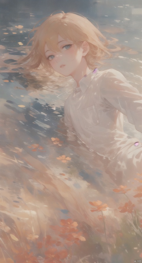  solo, looking at viewer, short hair, blonde hair, shirt, long sleeves, 1boy, white shirt, upper body, male focus, lying, lips, orgdress, watercolor