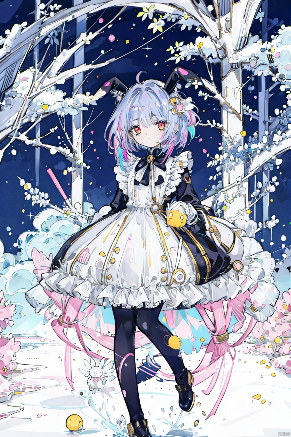  1boy, solo, looking at viewer, Pink blue hair, yellow eyes, red eyes, white dress, dress, animal ears, full body, multicolored hair, wings,, white gloves,, rabbit ears, tree, lolita fashion, android, joints, doll joints, photo background, zkz, qb,1girl