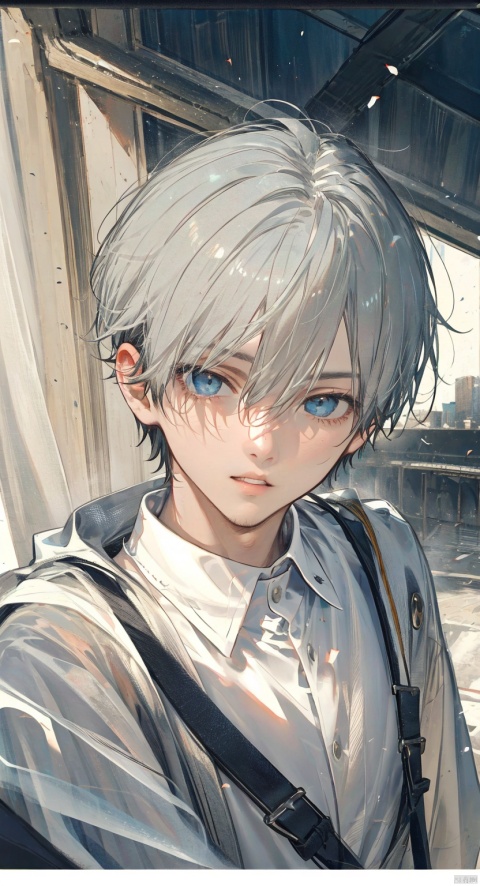 looking at viewer, short hair, blue eyes, 1boy, white hair, male focus, parted lips, solo focus, pov, letterboxed, child, out of frame, photo background