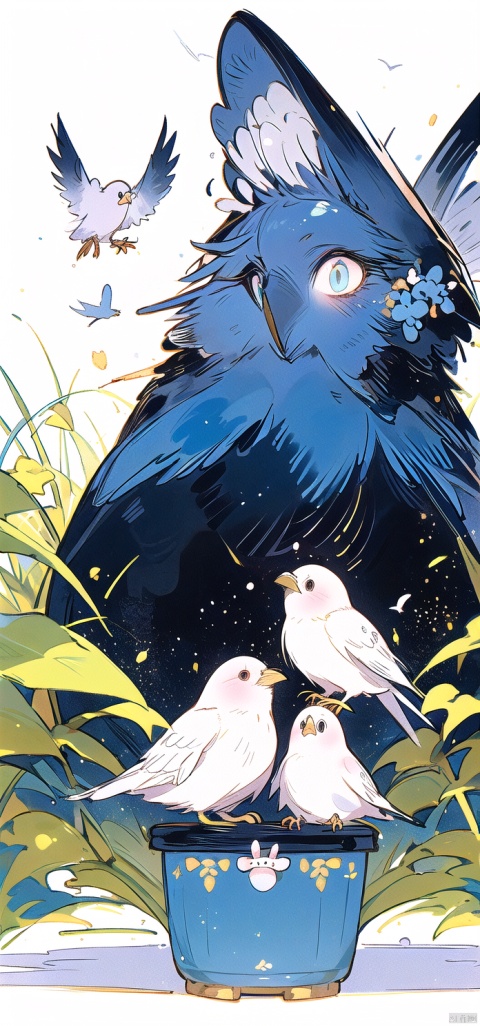  潮,Bird (animal), bird, mini cute, blush bird, blue flower, very beautiful, symmetrical composition, masterpiece, new Chinese complex background, light and shadow, high quality
