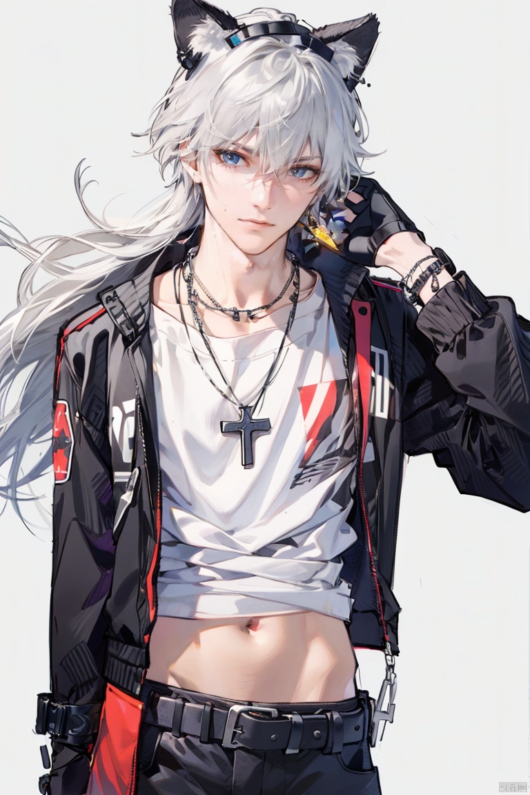  1boy, solo, long hair, ju 87, animal ears, jewelry, white hair, m16a1, belt, necklace, chain, h&k mp5, cross,k701, ar-15.,n.abdominal muscle